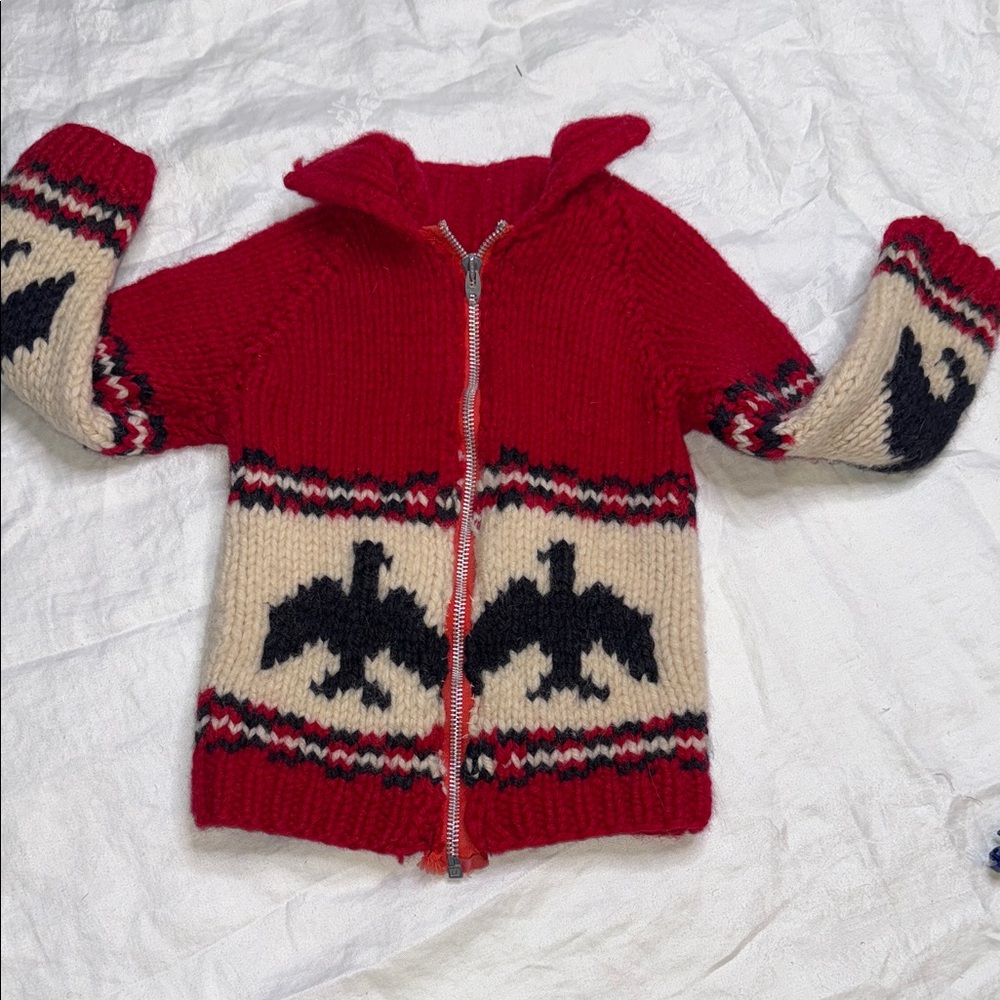 🧡24m Kids red vintage Cowichan sweater with a thunderbird. Gender neutral